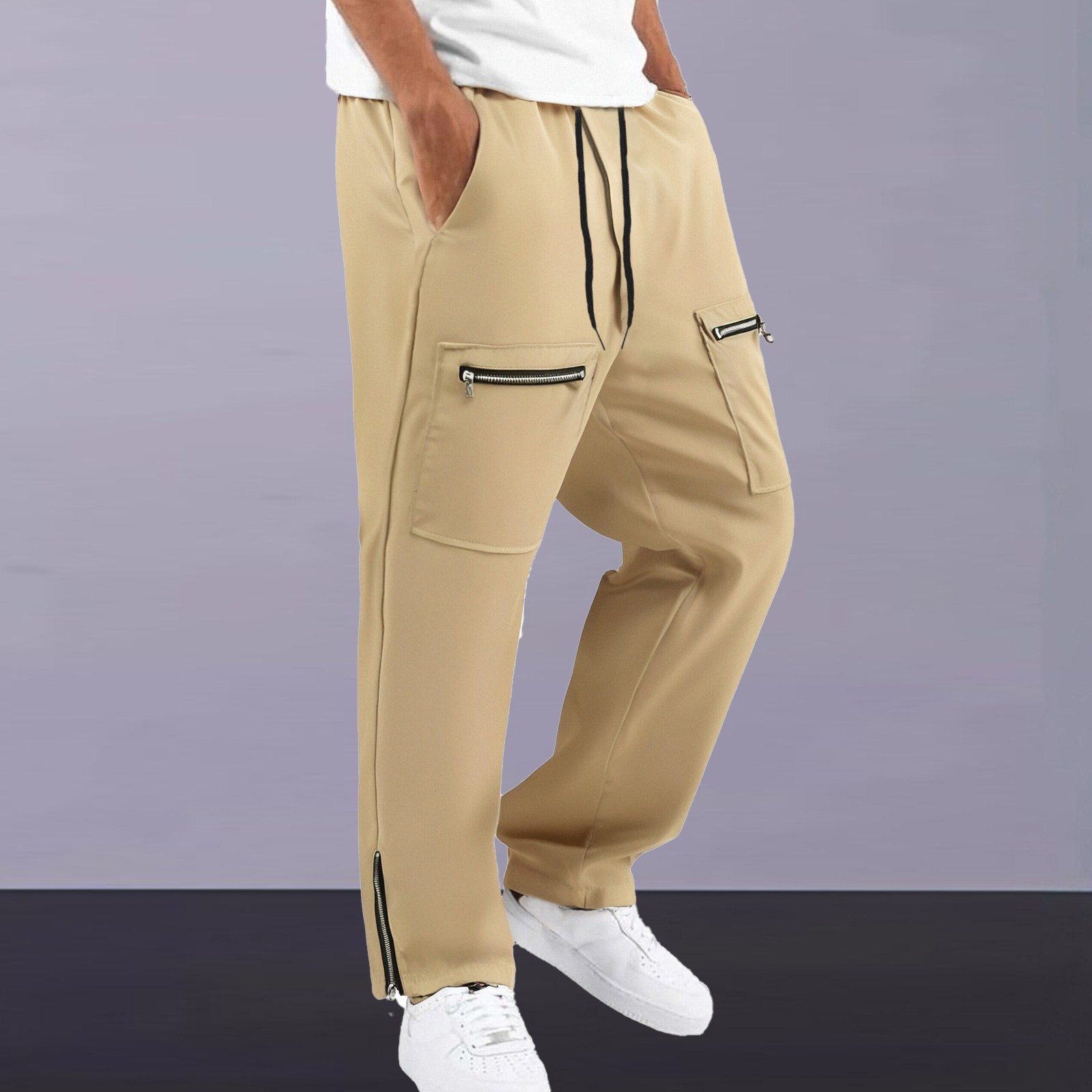 thumbnail image 2 of Pantalones de trabajo con cremallera en los bajos para hombre - Cargo de color liso - Poliéster, bolsillos grandes, tallas S-XXL, 2 of 8